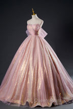 Shiny Tulle Sequins Long Evening Prom Dress, Beautiful Pink Formal Dress Sweet 16 Dress