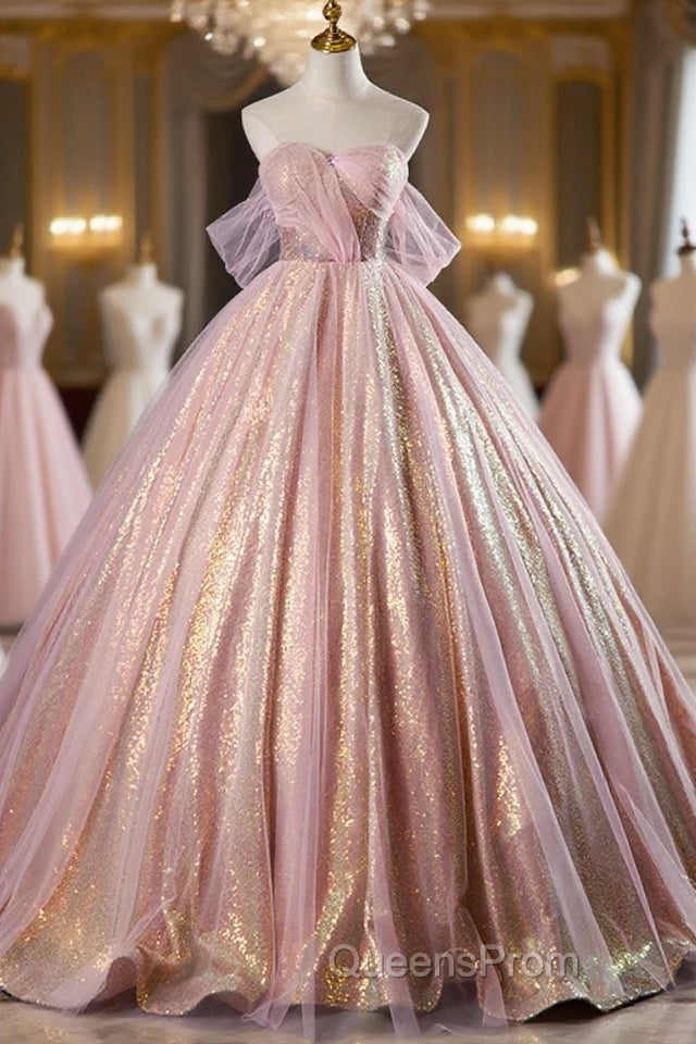 Shiny Tulle Sequins Long Evening Prom Dress, Beautiful Pink Formal Dress Sweet 16 Dress Main image