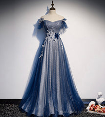 Shiny tulle sequins long prom dress blue evening dress