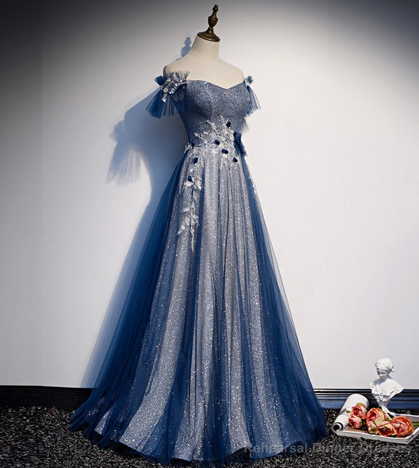 Shiny tulle sequins long prom dress blue evening dress Secondary image