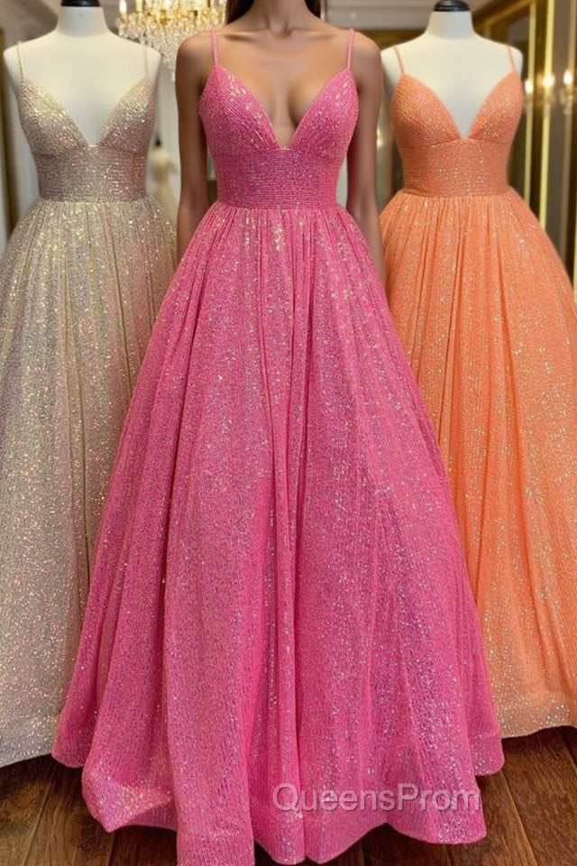 Shiny Tulle V Neck Backless Hot Pink/Orange/Champagne Long Evening Prom Dress, Backless Hot Pink/Orange/Champagne Formal Graduation Evening Dress Main image