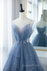Shiny Tulle V Neck Blue Long Evening Prom Dress, Blue Tulle Formal Evening Dress, Blue Ball Gown