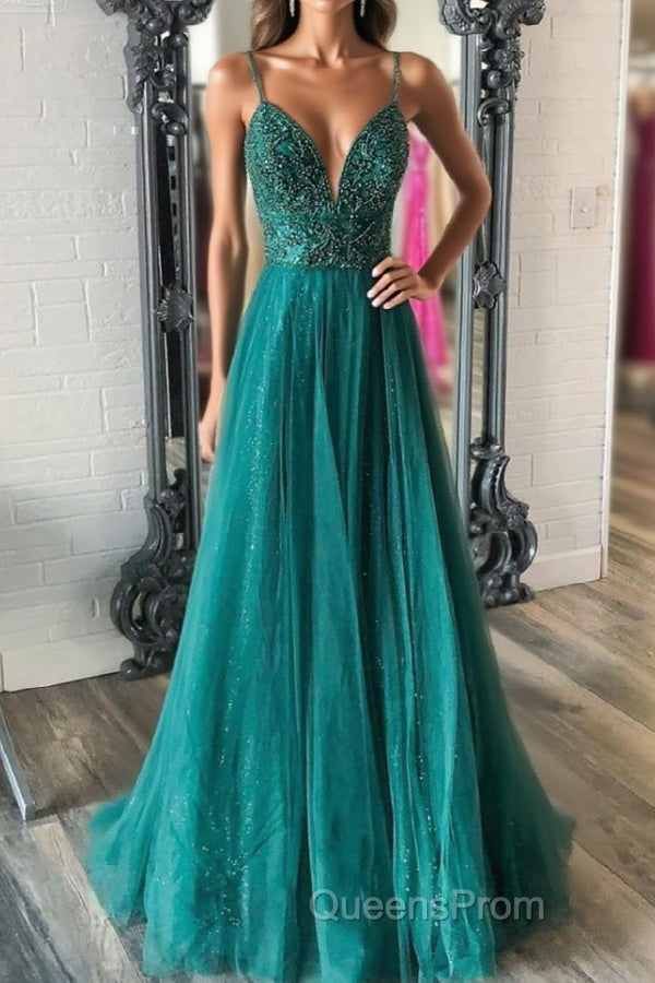 Shiny V Neck Backless Beaded Green Tulle Long Evening Prom Dress, Green Lace Formal Dress, Beaded Evening Dress Main image