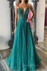 Shiny V Neck Backless Beaded Green Tulle Long Evening Prom Dress, Green Lace Formal Dress, Beaded Evening Dress