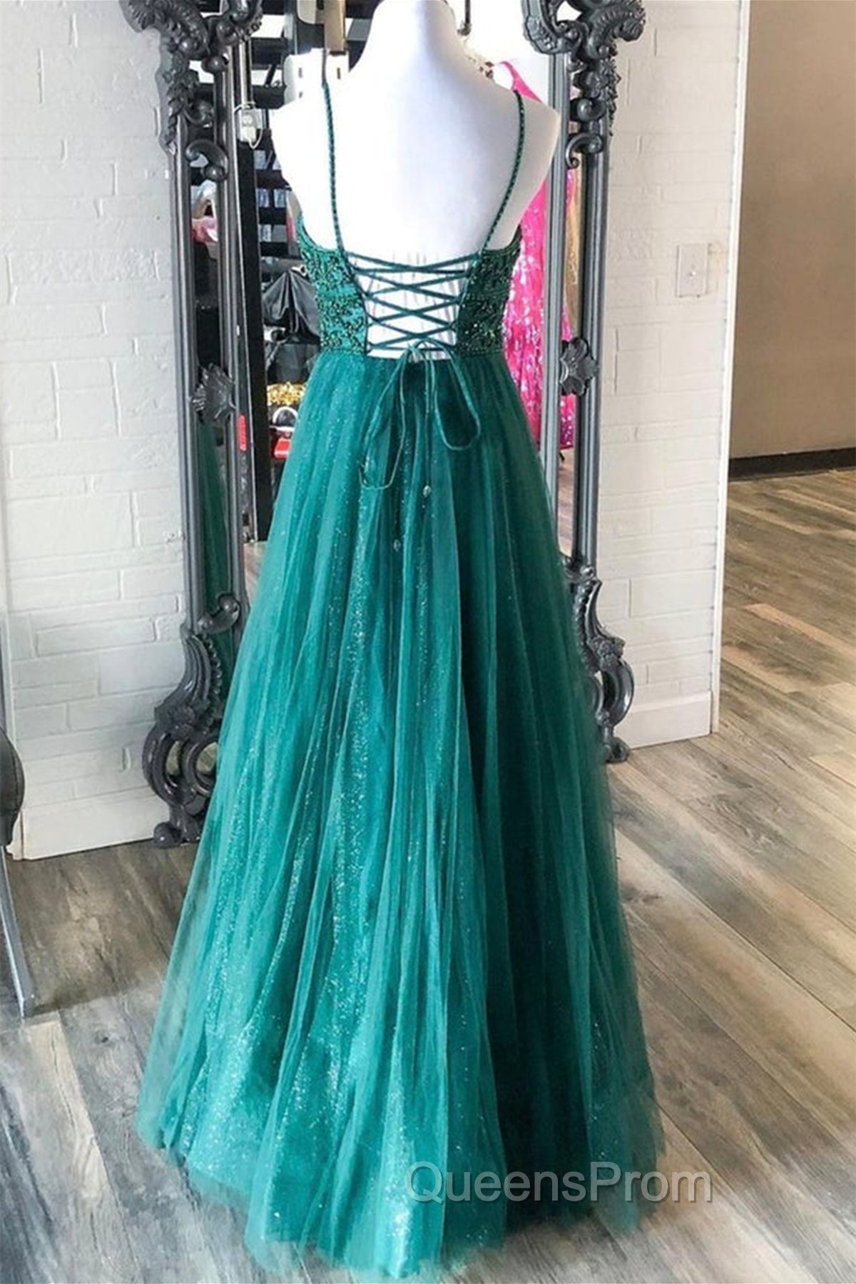 Shiny V Neck Backless Beaded Green Tulle Long Evening Prom Dress, Green Lace Formal Dress, Beaded Evening Dress Secondary image
