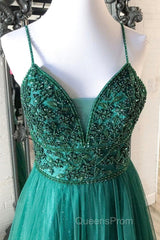 Shiny V Neck Backless Beaded Green Tulle Long Evening Prom Dress, Green Lace Formal Dress, Beaded Evening Dress