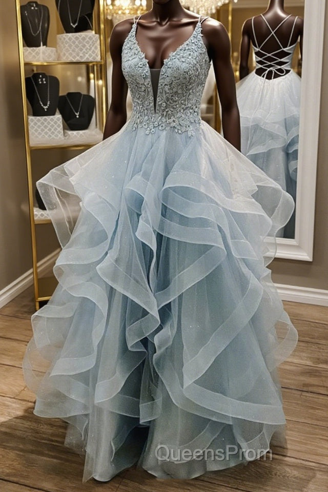Shiny V Neck Backless Fluffy Blue Long Evening Prom Dress, V Neck Blue Formal Dress, Blue Lace Evening Dress Main image