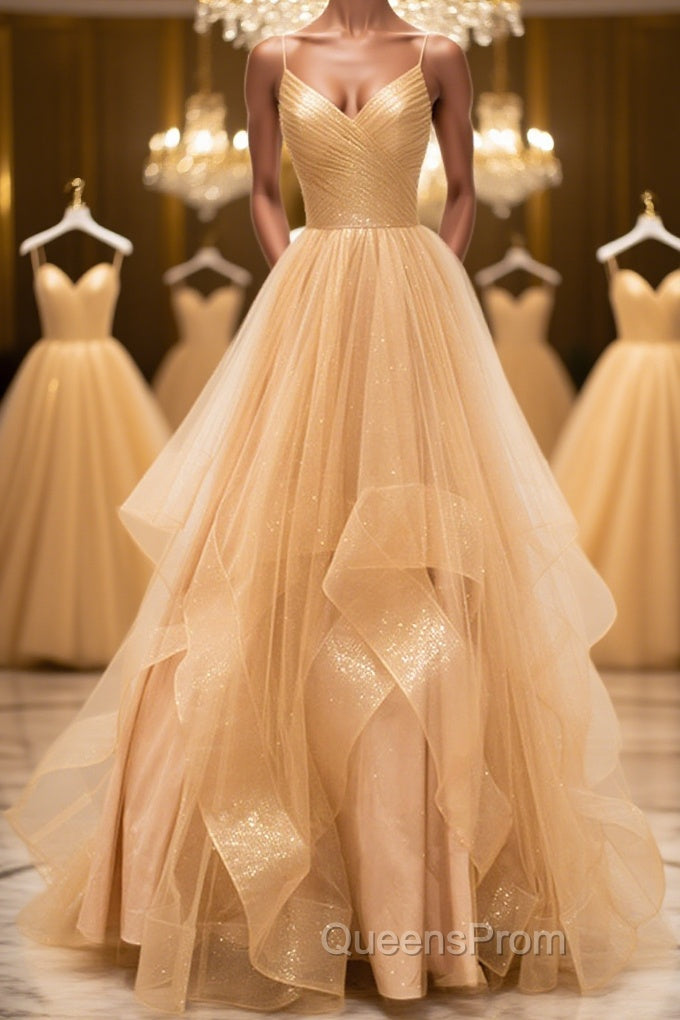 Shiny V Neck Backless Golden Long Evening Prom Dress, Backless Golden Formal Dress, Golden Evening Dress Main image
