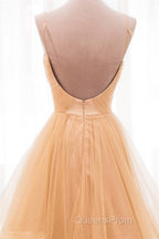 Shiny V Neck Backless Golden Long Evening Prom Dress, Backless Golden Formal Dress, Golden Evening Dress