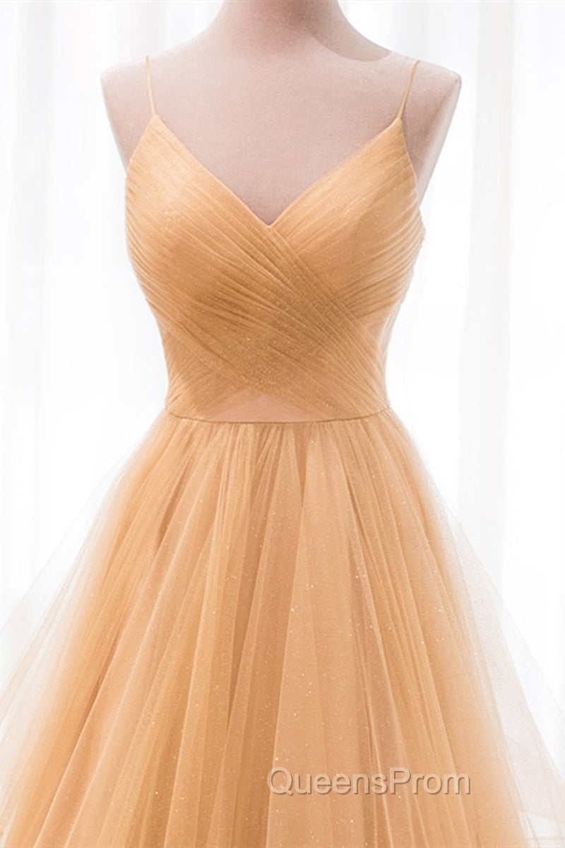 Shiny V Neck Backless Golden Long Evening Prom Dress, Backless Golden Formal Dress, Golden Evening Dress