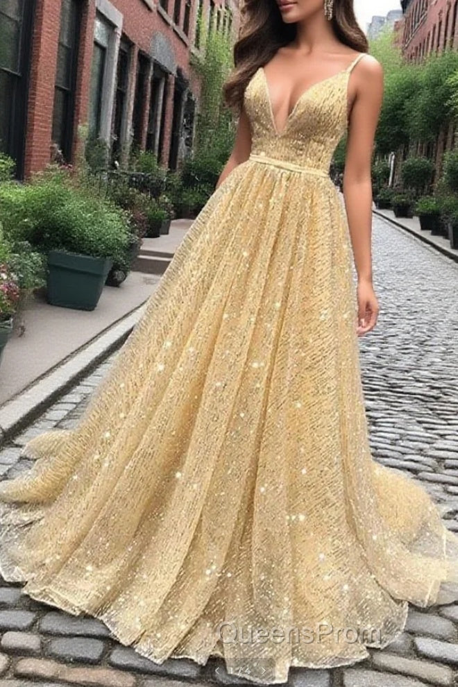 Shiny V Neck Backless Long Golden Evening Prom Dress, Sparkly Golden Formal Dress, Golden Evening Dress Main image