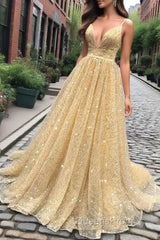 Shiny V Neck Backless Long Golden Evening Prom Dress, Sparkly Golden Formal Dress, Golden Evening Dress