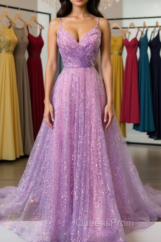 Shiny V Neck Backless Long Purple Evening Prom Dress, Backless Lilac Formal Graduation Evening Dress Main image