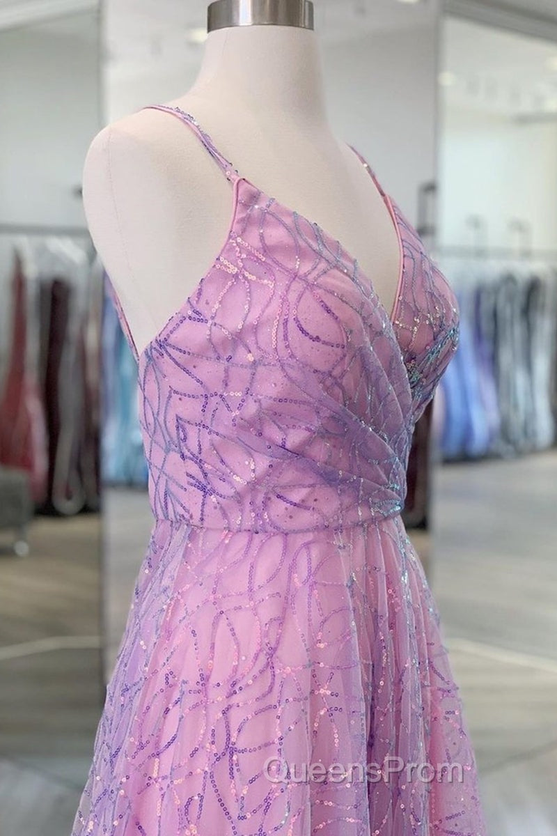 Shiny V Neck Backless Long Purple Evening Prom Dress, Backless Lilac Formal Graduation Evening Dress