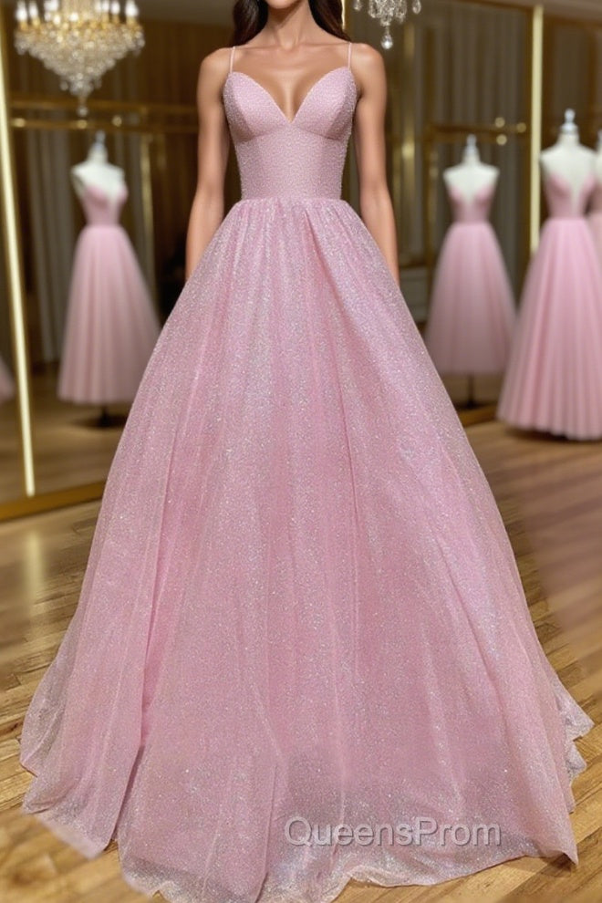 Shiny V Neck Backless Pink Long Evening Prom Dress, Backless Pink Formal Graduation Evening Dress Main image