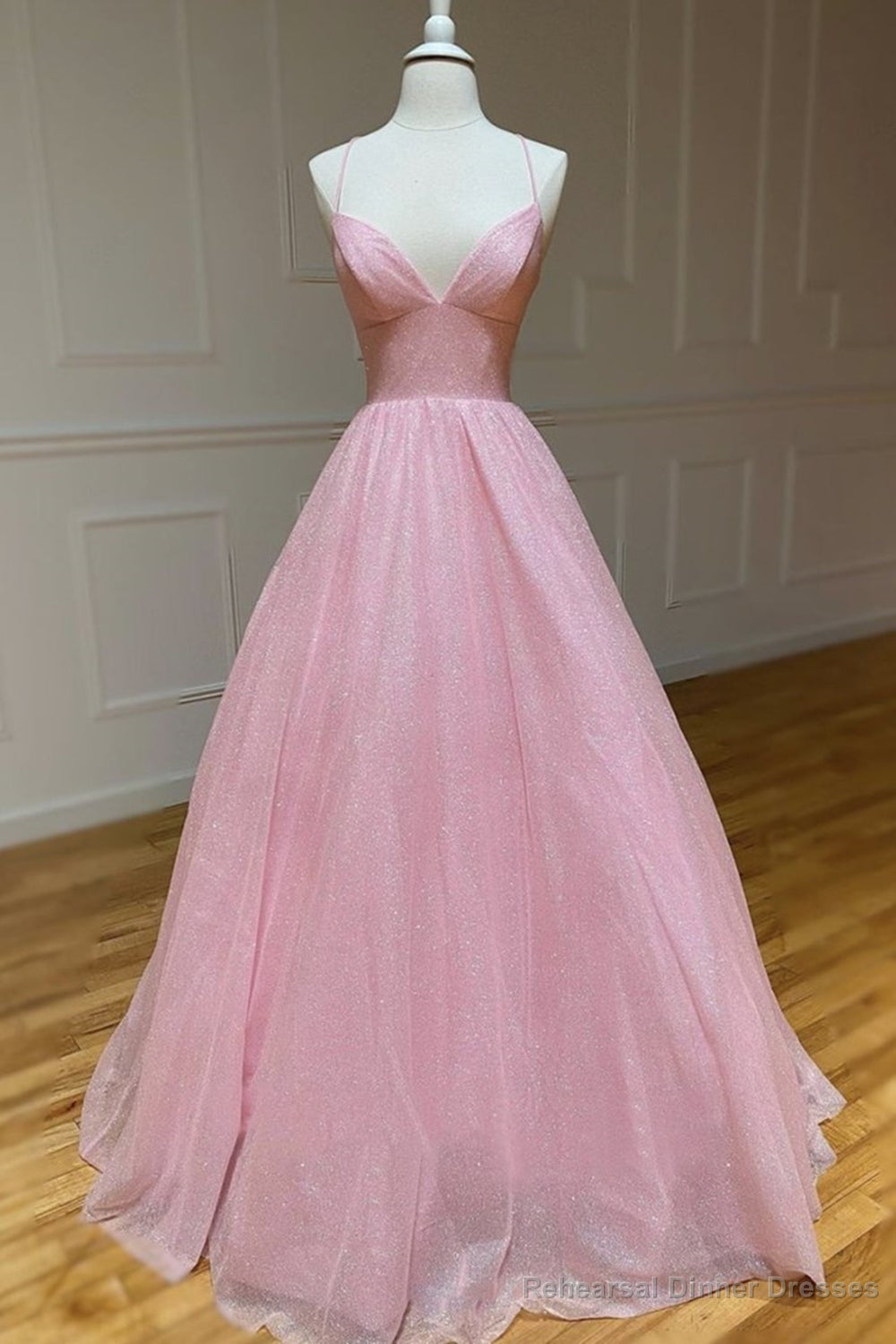 Shiny V Neck Backless Pink Long Prom Dress, Formal Graduation Evening Dresses Main image