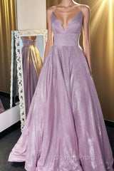 Shiny V Neck Backless Purple Long Evening Prom Dress, Sparkly Backless Purple Formal Evening Dress