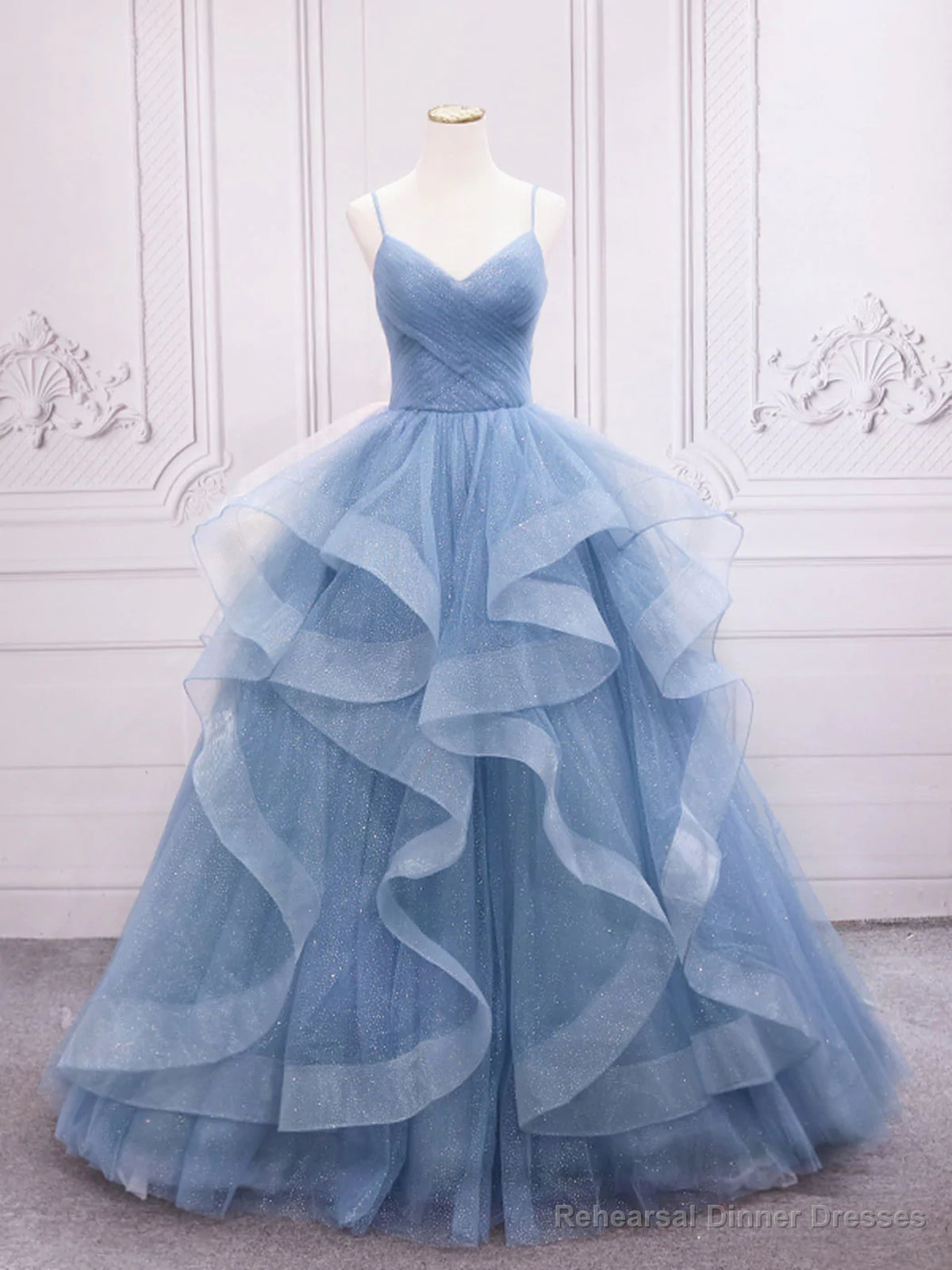 Shiny V Neck Blue Prom Dresses, Shiny V Neck Blue Formal Evening Dresses Main image