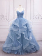 Shiny V Neck Blue Prom Dresses, Shiny V Neck Blue Formal Evening Dresses