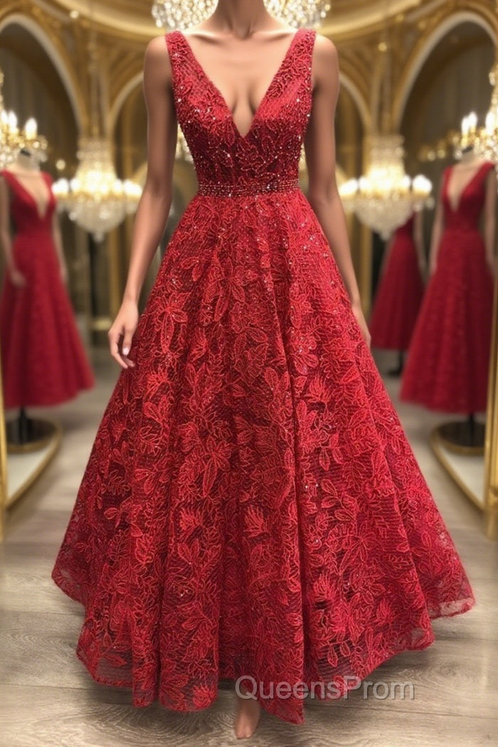 Shiny V Neck Burgundy Lace Long Evening Prom Dress, Burgundy Lace Formal Dress, Sparkly Burgundy Evening Dress Main image