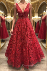 Shiny V Neck Burgundy Lace Long Evening Prom Dress, Burgundy Lace Formal Dress, Sparkly Burgundy Evening Dress