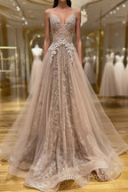 Shiny V Neck Champagne Lace Evening Prom Dress, Champagne V Neck Lace Formal Graduation Evening Dress