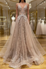 Shiny V Neck Champagne Lace Evening Prom Dress, Champagne V Neck Lace Formal Graduation Evening Dress