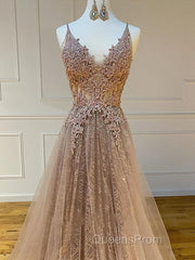 Shiny V Neck Champagne Lace Evening Prom Dress, Champagne V Neck Lace Formal Graduation Evening Dress