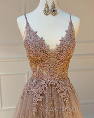 Shiny V Neck Champagne Lace Evening Prom Dress, Champagne V Neck Lace Formal Graduation Evening Dress