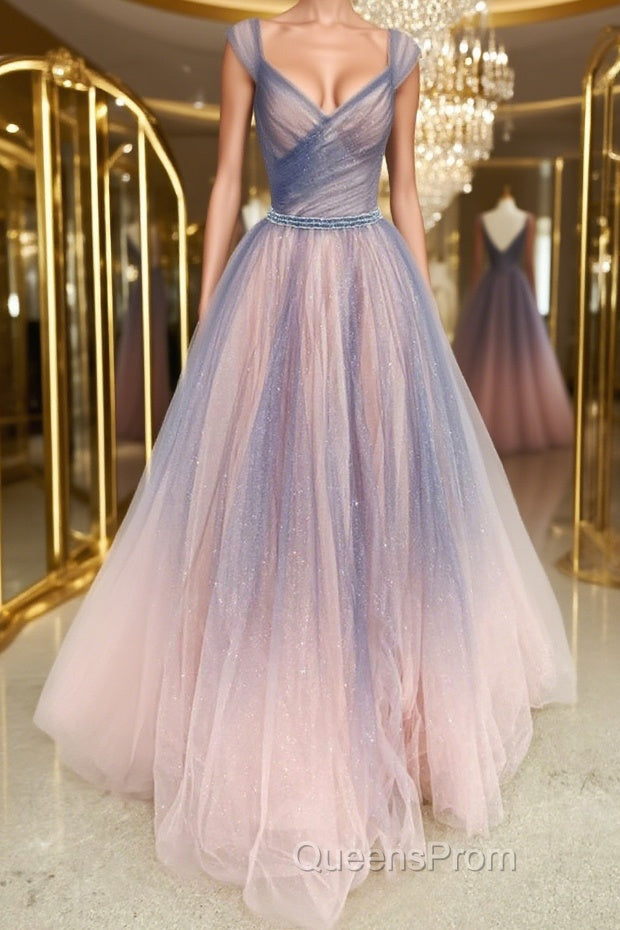 Shiny V Neck Colorful Champagne Long Evening Prom Dress, Champagne Formal Evening Dress Main image