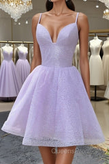 Shiny V Neck Lilac Short Evening Prom Dress, Lilac Homecoming Dress