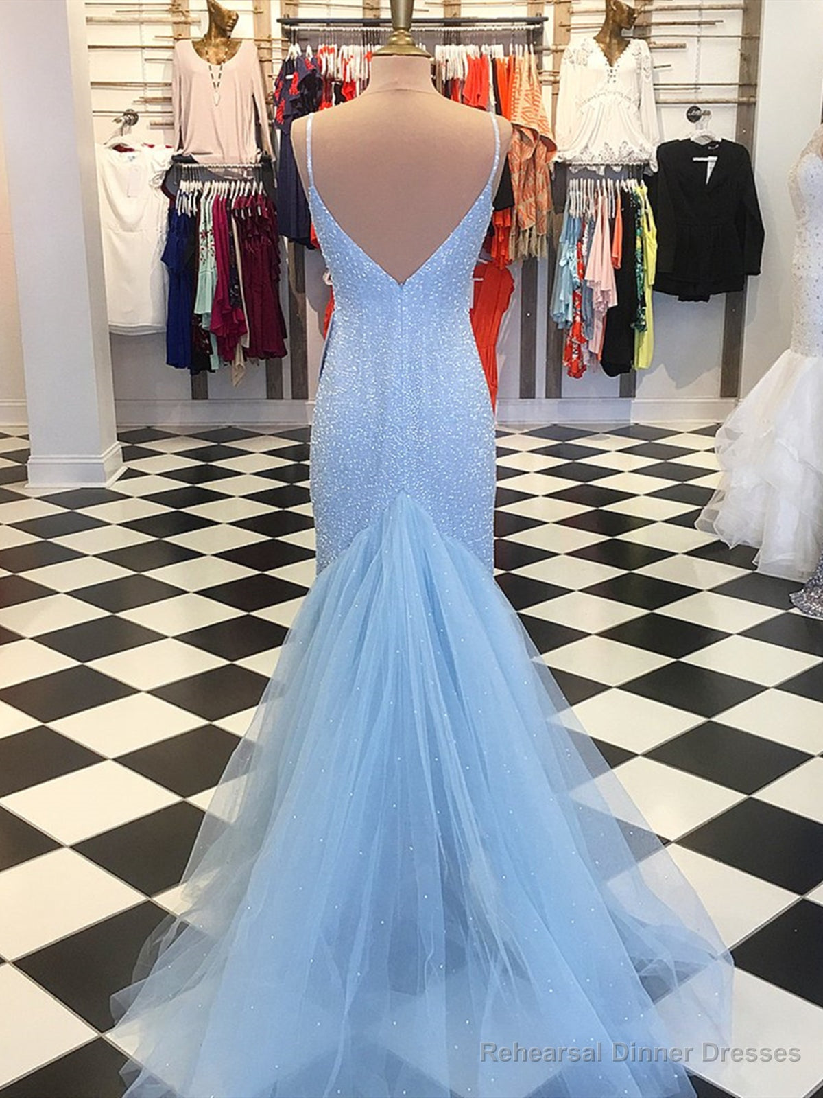 Shiny V Neck Mermaid Blue Prom Dresses, V Neck Blue Mermaid Formal Evening Dresses Main image