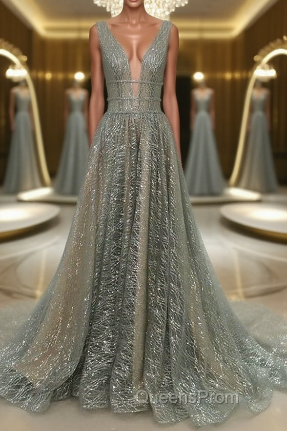 Shiny V Neck Open Back Champagne Long Evening Prom Dress, Champagne Formal Graduation Evening Dress Main image