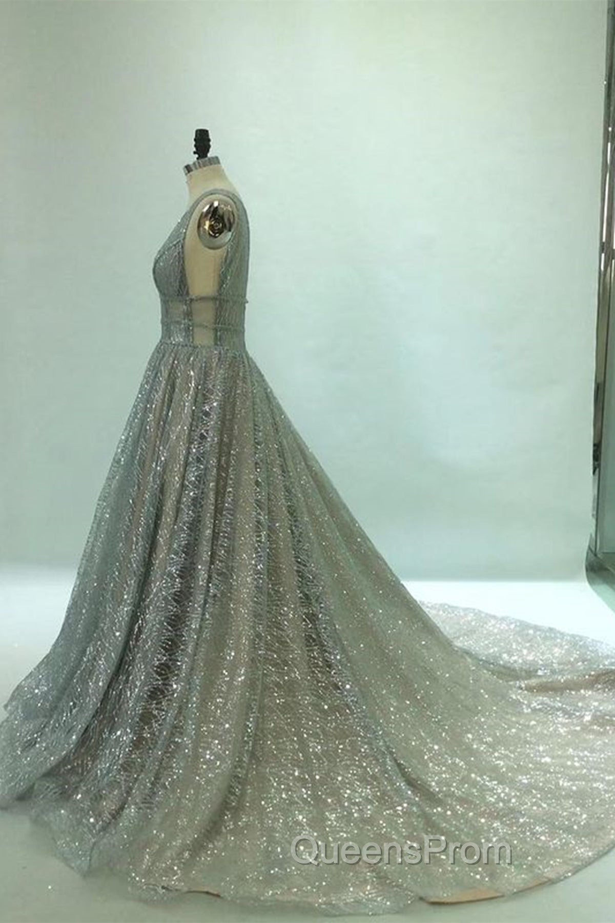 Shiny V Neck Open Back Champagne Long Evening Prom Dress, Champagne Formal Graduation Evening Dress Secondary image