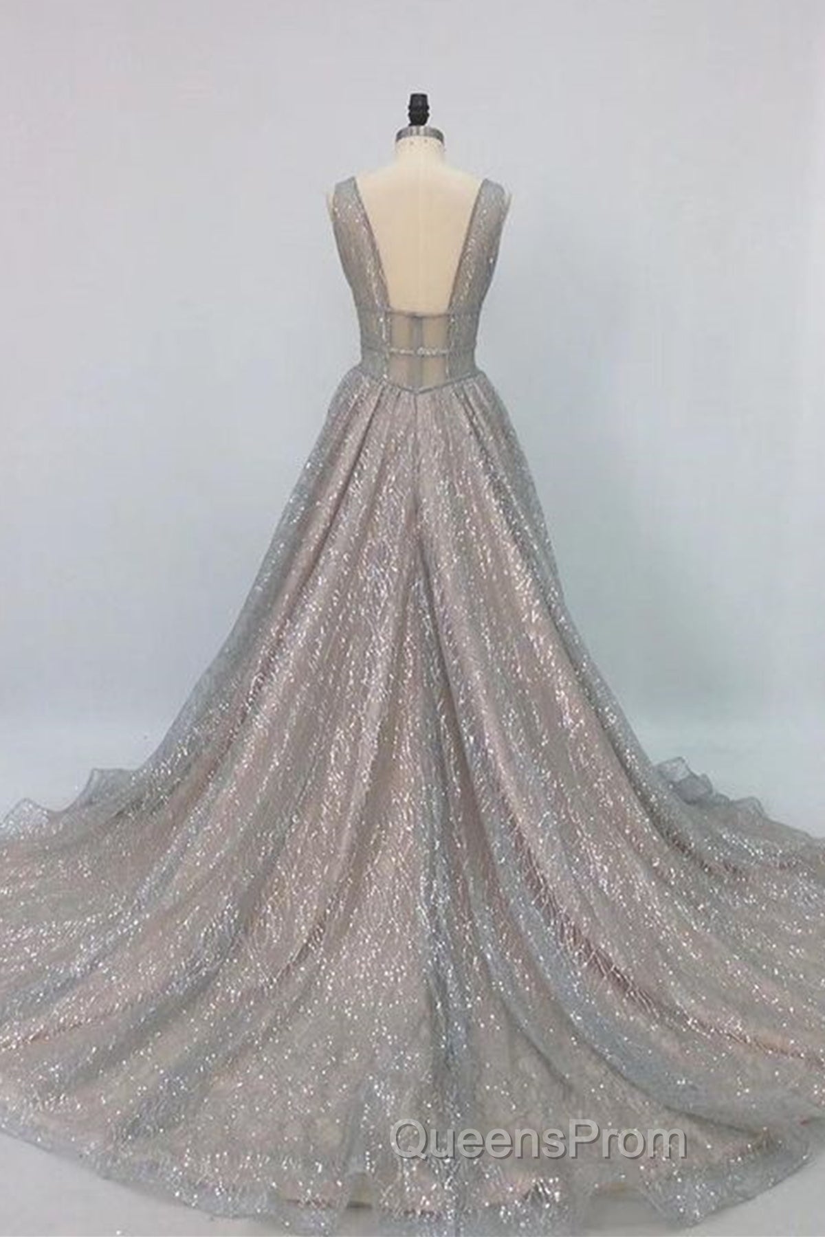 Shiny V Neck Open Back Champagne Long Evening Prom Dress, Champagne Formal Graduation Evening Dress