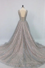 Shiny V Neck Open Back Champagne Long Evening Prom Dress, Champagne Formal Graduation Evening Dress