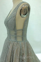 Shiny V Neck Open Back Champagne Long Evening Prom Dress, Champagne Formal Graduation Evening Dress