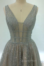 Shiny V Neck Open Back Champagne Long Evening Prom Dress, Champagne Formal Graduation Evening Dress