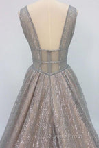 Shiny V Neck Open Back Champagne Long Evening Prom Dress, Champagne Formal Graduation Evening Dress