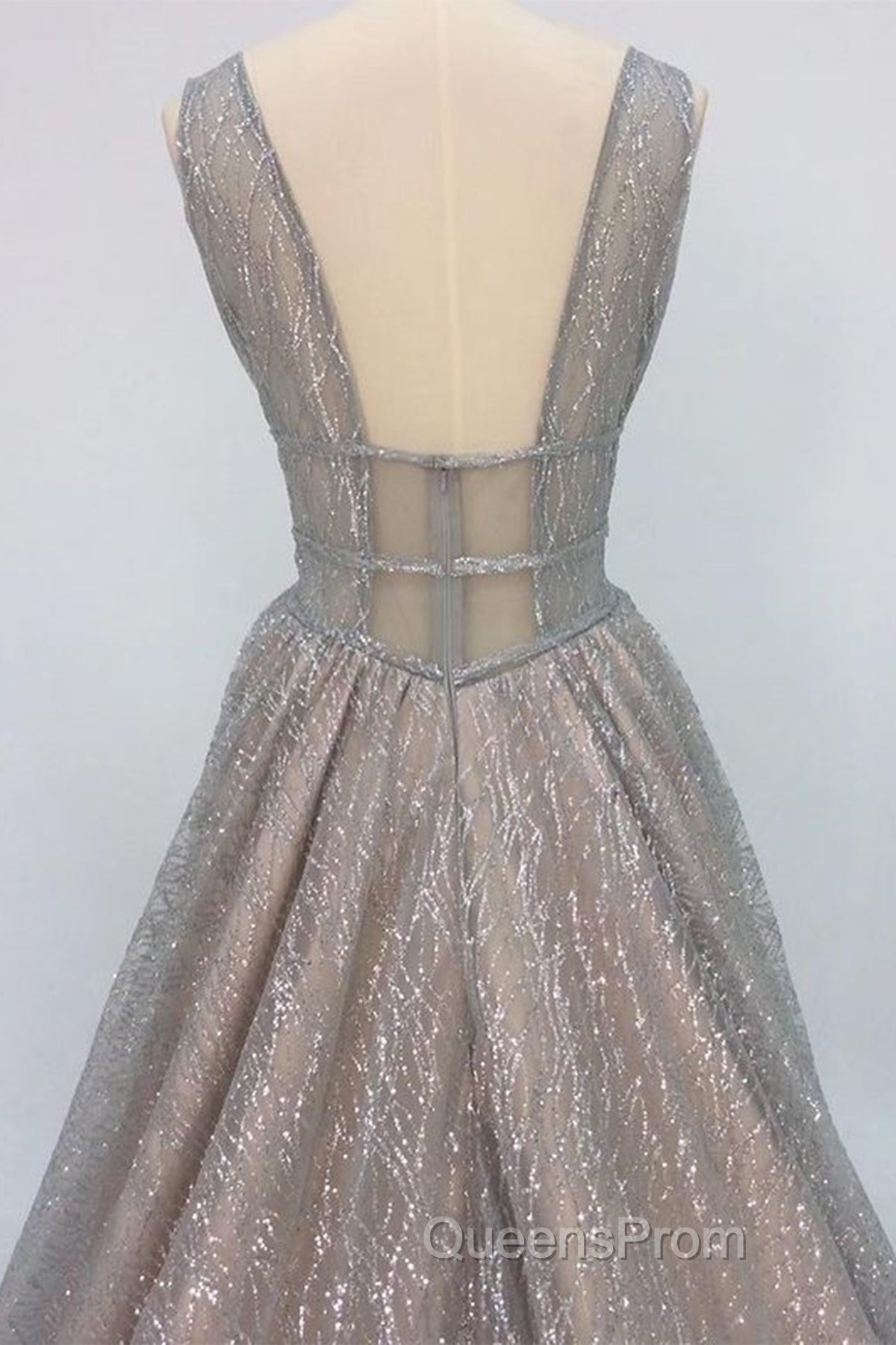 Shiny V Neck Open Back Champagne Long Evening Prom Dress, Champagne Formal Graduation Evening Dress