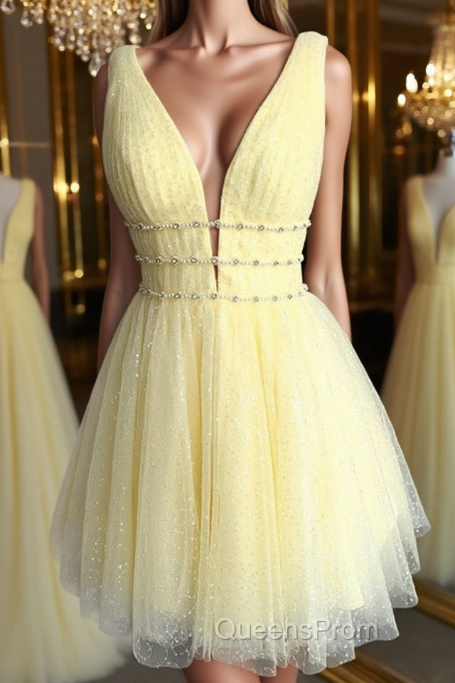 Shiny V Neck Open Back Yellow Tulle Short Evening Prom Dress, V Neck Yellow Formal Graduation Homecoming Dress Main image