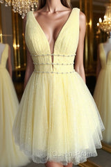 Shiny V Neck Open Back Yellow Tulle Short Evening Prom Dress, V Neck Yellow Formal Graduation Homecoming Dress