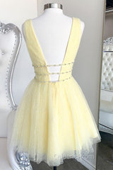 Shiny V Neck Open Back Yellow Tulle Short Evening Prom Dress, V Neck Yellow Formal Graduation Homecoming Dress