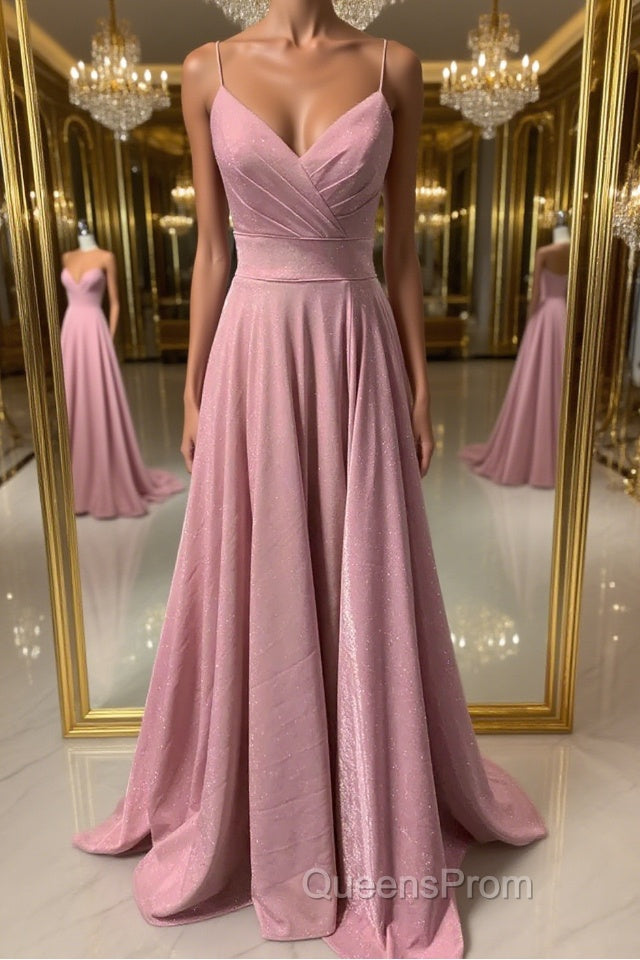 Shiny V Neck Pink Long Evening Prom Dress, Pink V Neck Long Formal Evening Dress Main image