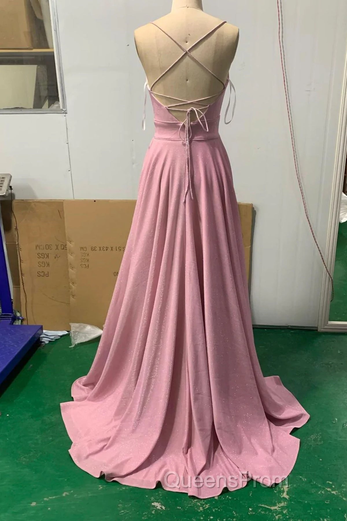 Shiny V Neck Pink Long Evening Prom Dress, Pink V Neck Long Formal Evening Dress Secondary image