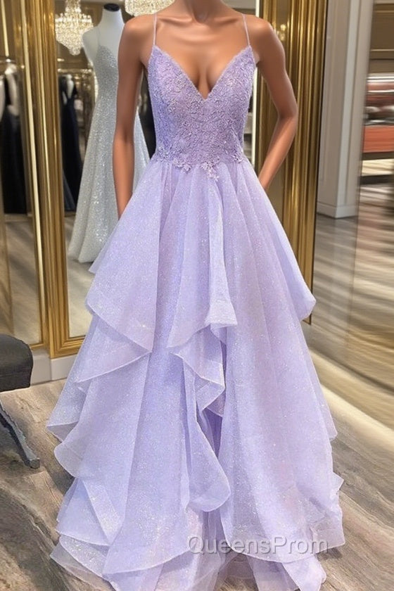 Shiny V Neck Purple Lace Long Evening Prom Dress, Purple Lace Formal Evening Dress, Purple Ball Gown Main image