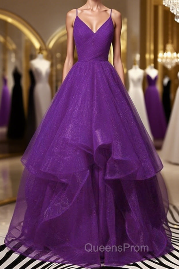 Shiny V Neck Purple Long Evening Prom Dress, Long Purple Formal Evening Dress, Purple Ball Gown Main image