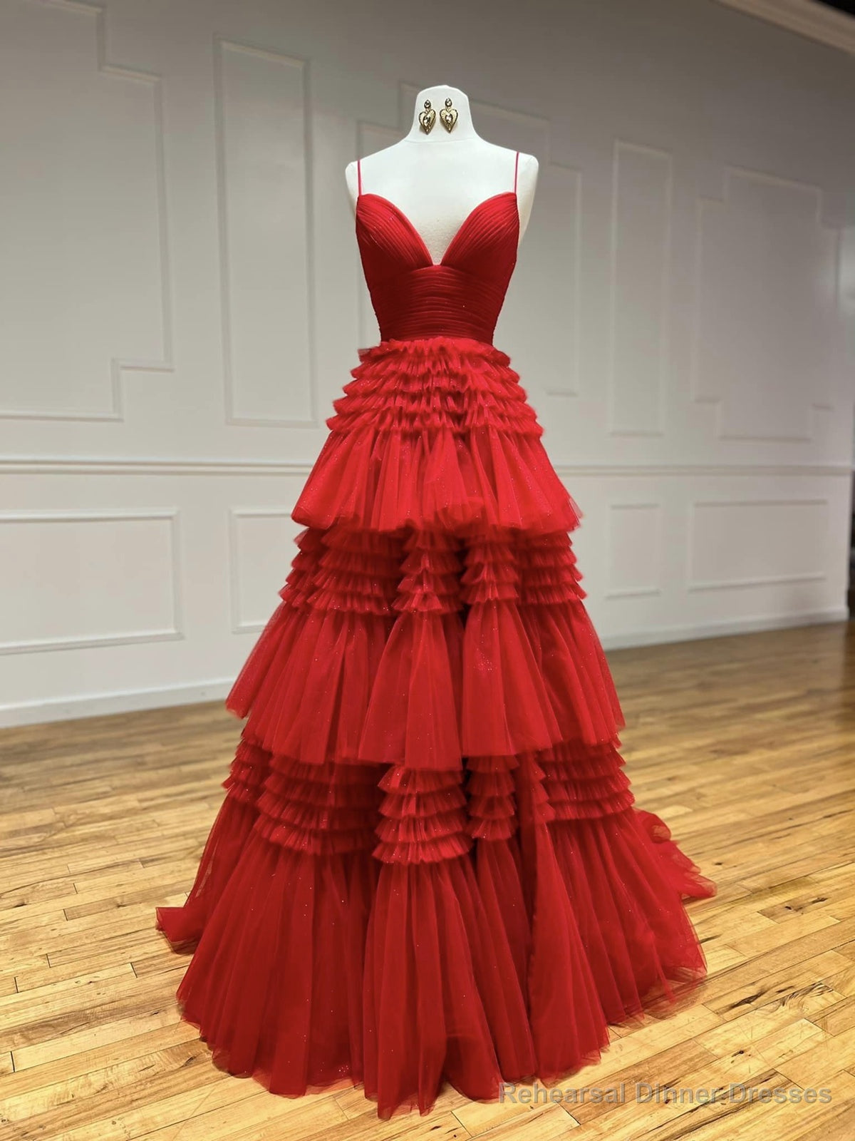 Shiny V Neck Red High Low Prom Dresses, V Neck High Low Red Formal Evening Dresses Main image