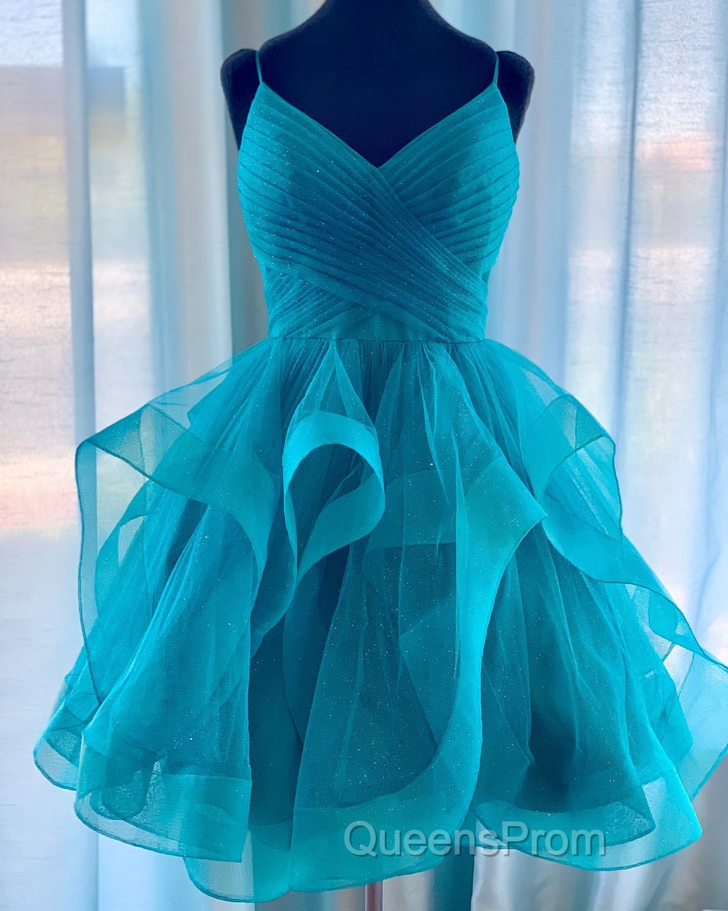Shiny V Neck Short Blue Green White Evening Prom Dress, Shiny Short V Neck Formal Homecoming Dress Secondary image