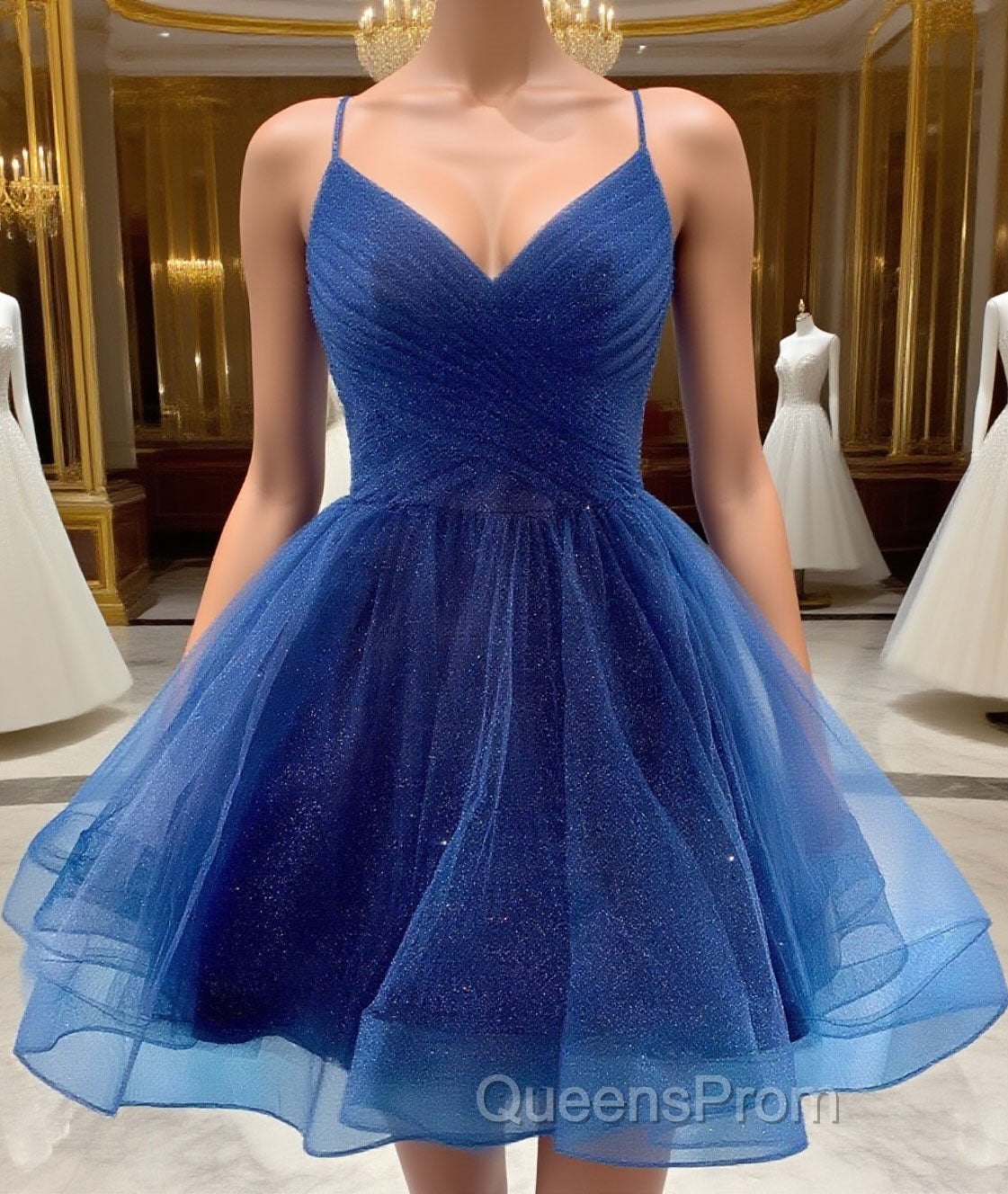 Shiny V Neck Short Blue Green White Evening Prom Dress, Shiny Short V Neck Formal Homecoming Dress Main image